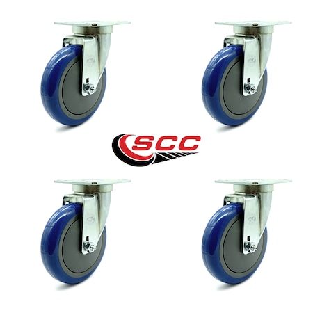 Service Caster Universal Kitchen Casters - 5" Blue Poly Wheel - 4 Swivel SCC-20S514-PPUB-BLUE-TPU1-4